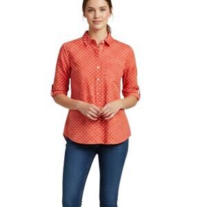 NWT Liz Claiborne Button Up Shirt Petite Large Coral Polka Dot 100% Cotton Pocke
